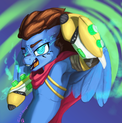 Size: 4294x4320 | Tagged: safe, artist:zlatdesign, derpibooru exclusive, oc, oc:bizarre song, pegasus, pony, armpits, blue fire, cape, clothes, cool, fight, fire, flame eyes, prosthetics, solo, weapon, wingding eyes