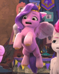 Size: 726x916 | Tagged: safe, screencap, pipp petals, queen haven, zipp storm, pegasus, pony, g5, my little pony: make your mark, my little pony: make your mark chapter 4, the jinxie games, spoiler:g5, spoiler:my little pony: make your mark, spoiler:my little pony: make your mark chapter 4, spoiler:mymc04e03, animated, cropped, diadem, duo focus, female, flying, gif, headband, jewelry, looking at someone, mare, offscreen character, regalia, royal sisters (g5), shocked, siblings, sisters, solo focus