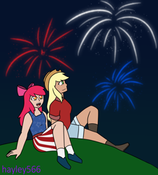 Size: 2362x2615 | Tagged: safe, artist:hayley566, apple bloom, applejack, human, g4, 4th of july, adorabloom, apple bloom's bow, apple sisters, applejack's hat, boots, bow, clothes, commission, cowboy boots, cowboy hat, cute, duo, female, fireworks, freckles, grass, hair bow, hat, high res, hill, holiday, humanized, jackabetes, night, open mouth, shirt, shoes, shorts, siblings, sisters, sitting, skirt, socks, tank top