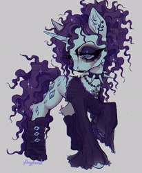 Size: 1684x2048 | Tagged: safe, artist:p0nyplanet, rarity, pegasus, pony, g4, black lipstick, boots, choker, cross, cross necklace, curly hair, curly mane, curly tail, ear piercing, earring, eyeshadow, female, goth, jewelry, lipstick, makeup, necklace, piercing, shoes, signature, simple background, solo, sparkles, spiked choker, tail, white background
