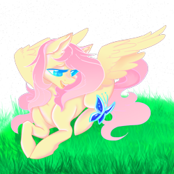 Size: 2000x2000 | Tagged: safe, artist:dankpegasista, derpibooru exclusive, fluttershy, butterfly, pegasus, pony, g4, blue eyes, colored lineart, colored pupils, cute, digital art, eyebrows, eyelashes, female, grass, heart, heart eyes, high res, highlights, krita, large wings, long eyelashes, long mane, long tail, lying down, mare, open mouth, prone, shyabetes, simple background, smiling, soft shading, solo, tail, teeth, transparent background, wingding eyes, wings, wip