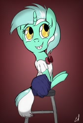 Size: 558x827 | Tagged: safe, artist:gorebox, lyra heartstrings, g4, bow, braces, clothes, colored, female, filly, foal, school photo, schoolgirl, skirt, smiling