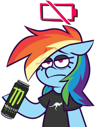 Size: 3366x4527 | Tagged: safe, artist:threetwotwo32232, rainbow dash, pegasus, pony, g4, clothes, drink, energy drink, female, low battery, mare, monster energy, shirt, simple background, solo, t-shirt, tired, transparent background