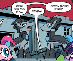 Size: 702x584 | Tagged: safe, edit, idw, official comic, pinkie pie, twilight sparkle, alicorn, earth pony, pony, g4, spoiler:comic, spoiler:comic18, armor, dialogue, male, mirror universe, royal guard, stallion, unnamed character, unnamed pony