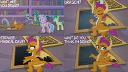 Size: 2000x1125 | Tagged: safe, edit, edited screencap, editor:quoterific, screencap, gallus, ocellus, sandbar, silverstream, smolder, changedling, changeling, dragon, earth pony, griffon, hippogriff, pony, g4, what lies beneath, bookshelf, school of friendship