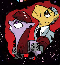 Size: 369x400 | Tagged: safe, idw, official comic, screencap, earth pony, pony, friendship is magic #19, g4, my little pony: friendship is magic (idw), spoiler:comic, clothes, female, freckles, gritted teeth, male, mare, necktie, stallion, suit, teeth, unnamed character, unnamed pony