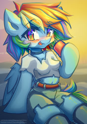 Size: 1017x1439 | Tagged: safe, artist:chaosangeldesu, rainbow dash, pegasus, anthro, semi-anthro, g4, arm hooves, belly button, blushing, breasts, chestbreasts, clothes, erect nipples, female, midriff, nipple outline, shirt, shorts, soda can, solo, stockings, thigh highs