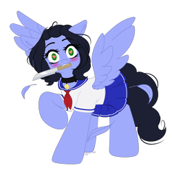 Size: 2000x2000 | Tagged: safe, artist:xcinnamon-twistx, oc, oc only, oc:skiu, pegasus, pony, bell, bell collar, blushing, clothes, collar, fangs, feather, female, heart, heart eyes, high res, knife, mare, messy hair, mouth hold, sailor uniform, school uniform, simple background, skirt, solo, transparent background, uniform, wingding eyes, yandere