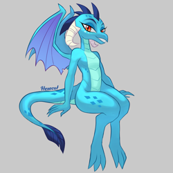 Size: 4000x4000 | Tagged: safe, artist:hexecat, princess ember, dragon, g4, dragoness, female, gray background, grin, horns, lidded eyes, looking at you, signature, simple background, sitting, smiling, solo, spread wings, tail, wings