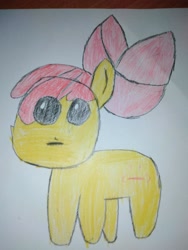 Size: 3120x4160 | Tagged: safe, artist:epicheavytf2, apple bloom, earth pony, pony, g4, :|, adorabloom, alternate cutie mark, apple bloom's bow, applebetes, autism, autism creature, beady eyes, bow, cute, female, filly, foal, hair bow, mare, meme, paper, solo, traditional art