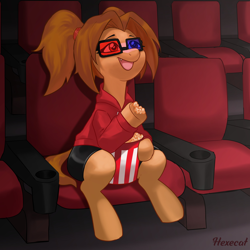 Size: 4000x4000 | Tagged: safe, artist:hexecat, oc, oc only, earth pony, pony, 3d glasses, chair, cinema, clothes, commission, fangs, female, food, glasses, indoors, looking up, mare, open mouth, open smile, ponytail, popcorn, shorts, signature, sitting, smiling, solo, tail, watching a movie