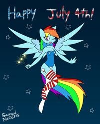 Size: 988x1231 | Tagged: safe, artist:samuel-neocros, rainbow dash, anthro, unguligrade anthro, g4, 4th of july, clothes, holiday, leotard, sparkler (firework), stars, stockings, thigh highs