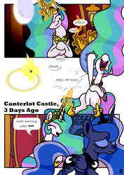 Size: 1446x2039 | Tagged: safe, artist:pony4koma, princess celestia, princess luna, alicorn, pony, comic:paidvacationdays, g4, canterlot, canterlot castle, comic, comic page, cracking knuckles, crown, cute, cutelestia, cutie mark, day, dialogue, female, flank, flowing mane, flowing tail, frown, happy, impact, jewelry, lunabetes, magic, makeup, mare, moon, night, punch, regalia, royal sisters, siblings, sisters, smiling, speech bubble, sun, sunrise, tail, throne, throne room, tierd