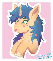 Size: 2082x2416 | Tagged: safe, alternate version, artist:autumnsfur, oc, oc only, oc:lumi glow, pony, unicorn, artfight, blue hair, bust, chest fluff, ear fluff, eyelashes, female, fluffy, green eyes, happy, high res, horn, logo, long hair, long mane, looking up, mare, markings, pony oc, raised hooves, signature, silly, silly face, silly pony, simple background, smiling, stars, text, tongue out, yellow coat, yellow fur