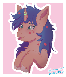 Size: 2082x2416 | Tagged: safe, alternate version, artist:autumnsfur, oc, oc only, oc:lumi glow, pony, artfight, blue hair, bust, chest fluff, ear fluff, eyelashes, female, fluffy, green eyes, happy, high res, horn, logo, long hair, long mane, looking up, mare, markings, pony oc, raised hooves, signature, silly, silly face, silly pony, simple background, smiling, stars, text, tongue out, yellow coat, yellow fur