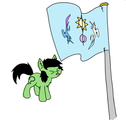 Size: 3508x3508 | Tagged: safe, artist:ponny, oc, oc only, oc:filly anon, earth pony, pony, colored, eyes closed, female, filly, flag, flag of equestria, flag pole, high res, simple background, solo, tongue out, white background