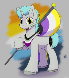 Size: 2444x2760 | Tagged: safe, artist:monycaalot, oc, oc only, oc:lunar signal, bat pony, hybrid, pony, unicorn, aroace, aroace pride flag, aromantic pride flag, asexual pride flag, commission, flag, high res, nonbinary, nonbinary pride flag, pride, pride flag, pride month, solo, ych result