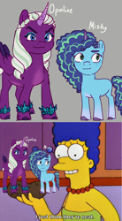 Size: 1080x1950 | Tagged: safe, artist:mythical artist, misty brightdawn, opaline arcana, alicorn, human, pony, unicorn, g5, 2022, female, food, mare, marge simpson, meme, potato, the simpsons