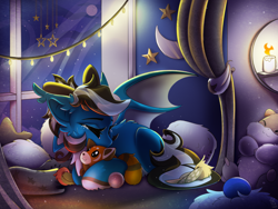 Size: 2000x1500 | Tagged: safe, artist:starcasteclipse, oc, oc only, oc:starcast, bat pony, bird, pony, bat pony oc, candle, female, lying down, plushie, sleeping, solo, window