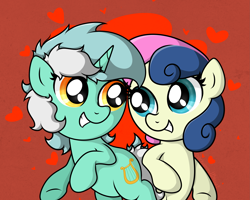 Size: 2819x2250 | Tagged: safe, artist:background basset, bon bon, lyra heartstrings, sweetie drops, earth pony, pony, unicorn, g4, abstract background, adorabon, cute, duo, duo female, female, heart, high res, lesbian, lyrabetes, mare, ship:lyrabon, shipping, smiling