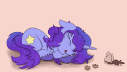 Size: 900x506 | Tagged: safe, artist:nedemai, oc, oc only, pony, unicorn, animated, atg 2023, coffee, cookie, cute, food, gif, newbie artist training grounds, not izzy, sleeping, snoring, solo