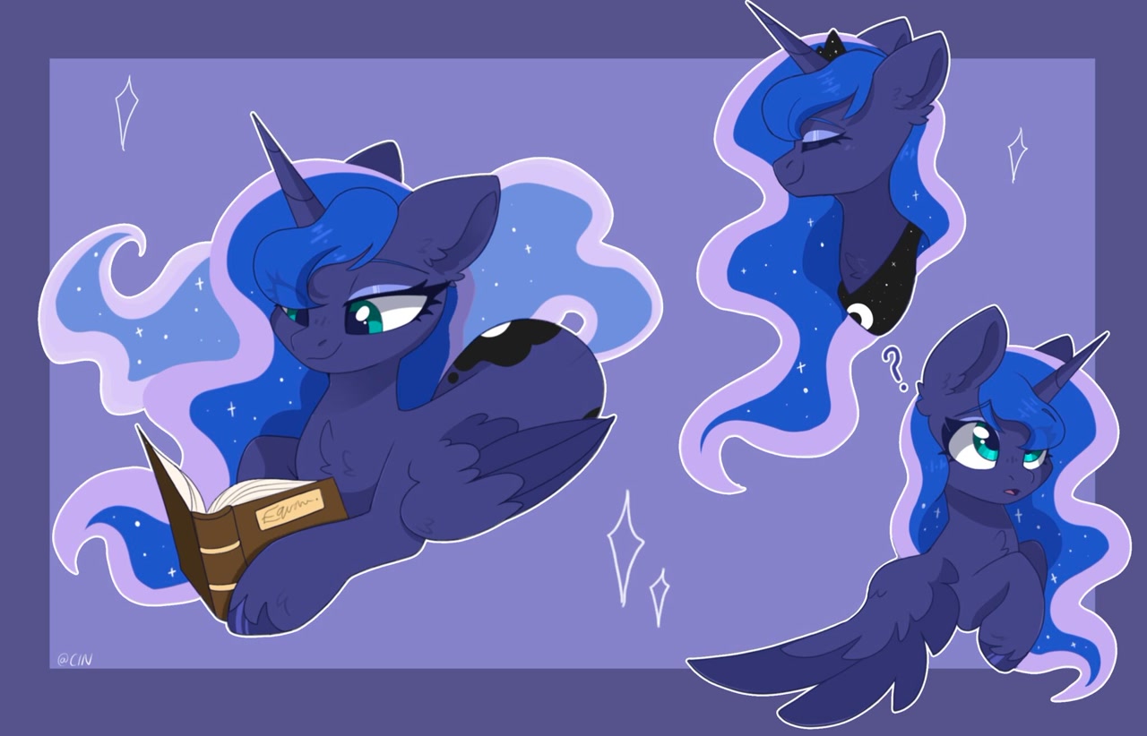 [alicorn,book,chest fluff,confused,cute,eyes closed,female,horn,mare,open mouth,pony,princess luna,question mark,reading,safe,signature,solo,wings,lunabetes,smiling,folded wings,artist:cinnamontee]