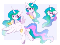 Size: 2048x1516 | Tagged: safe, artist:cinnamontee, princess celestia, alicorn, pony, g4, amused, crown, cute, cutelestia, ear fluff, eyebrows, eyebrows visible through hair, female, gradient background, horn, jewelry, looking back, mare, multicolored hair, peytral, raised hoof, regalia, simple background, smiling, solo, spread wings, tiara, underhoof, wings