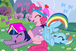 Size: 982x666 | Tagged: safe, artist:pagiepoppie12345, pinkie pie, rainbow dash, twilight sparkle, twilight twinkle, earth pony, pegasus, pony, unicorn, g4, 2009, blushing, book, eyes closed, female, hat, horn, laughing, mare, multicolored hair, show bible, show pilot, smiling, trio, umbrella hat, unicorn twilight, wings
