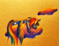 Size: 3166x2475 | Tagged: safe, artist:cahandariella, rainbow dash, pegasus, pony, g4, cloud, colored pencil drawing, cute, high res, lying down, lying on a cloud, newbie artist training grounds, on a cloud, sleeping, solo, sunset, traditional art