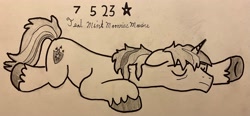 Size: 4007x1867 | Tagged: safe, artist:mlpfantealmintmoonrise, shining armor, pony, unicorn, g4, atg 2023, father, lying down, male, monochrome, newbie artist training grounds, pen drawing, pencil drawing, prone, royal guard, signature, sleeping, solo, stallion, tired eyes, traditional art