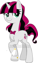 Size: 2300x3791 | Tagged: safe, artist:zeffdakilla, oc, oc only, oc:raspberry serenade, pony, unicorn, bowtie, cuffs (clothes), female, flash, high res, looking up, raised hoof, simple background, smiling, solo, standing, transparent background