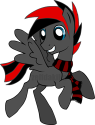 Size: 2300x3030 | Tagged: safe, artist:zeffdakilla, oc, oc only, oc:crimson ink, pegasus, pony, clothes, flying, high res, looking down, male, raised hoof, raised leg, scarf, simple background, smiling, solo, spread wings, striped scarf, transparent background, wings