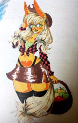 Size: 2871x4500 | Tagged: safe, artist:sheetofplywood8, applejack, earth pony, anthro, g4, apple, basket, clothes, female, food, front knot midriff, human facial structure, midriff, socks, solo, thigh highs, traditional art