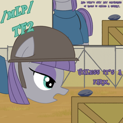 Size: 3500x3500 | Tagged: safe, artist:legendoflink, boulder (g4), maud pie, earth pony, pony, g4, /mlp/ tf2 general, cp granary, crate, dialogue, gate, hat, high res, meet the soldier, rock, soldier, soldier (tf2), team fortress 2, text