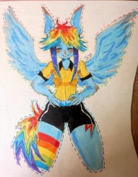 Size: 3472x4446 | Tagged: safe, artist:sheetofplywood8, rainbow dash, pegasus, anthro, g4, alternate hairstyle, clothes, eyes closed, female, hand on hip, human facial structure, rainbow socks, shorts, socks, solo, spread wings, striped socks, traditional art, wings