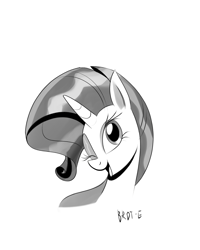 Size: 1638x2048 | Tagged: safe, artist:brdte, rarity, pony, unicorn, g4, bust, female, grayscale, head only, looking at you, mare, monochrome, one eye closed, open mouth, open smile, signature, simple background, smiling, smiling at you, solo, white background, wink, winking at you