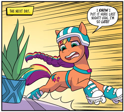 Size: 1145x1038 | Tagged: safe, artist:abby bulmer, idw, sunny starscout, earth pony, pony, g5, spoiler:comic, spoiler:g5comic, spoiler:g5comic11, comic panel, converse, dialogue, helmet, mane stripe sunny, plant, roller skates, shoes, skates, solo, speech bubble, speed lines