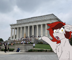 Size: 2420x2037 | Tagged: safe, artist:reddthebat, oc, oc only, oc:reddthebat, human, pony, chest fluff, female, floppy ears, freckles, high res, irl, lincoln memorial, looking at you, mare, meme, open mouth, photo, pointing, ponies in real life, ponified meme, solo focus, sternocleidomastoid, washington dc