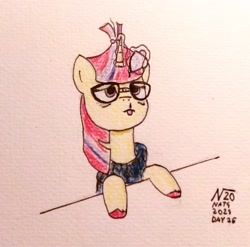 Size: 1913x1887 | Tagged: safe, artist:adamv20, moondancer, pony, unicorn, g4, atg 2023, bags under eyes, clothes, coffee, female, glasses, newbie artist training grounds, solo, sweater, tired, tongue out, traditional art, unshorn fetlocks