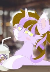 Size: 1732x2516 | Tagged: safe, artist:vinyvitz, artist:voonko, oc, oc only, oc:violet heart, pony, unicorn, blushing, cheek fluff, chest fluff, coffee, coffee shop, drink, ear fluff, floppy ears, looking at you, multicolored hair, shiny, smiling, smug, solo, straw, yellow eyes