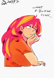 Size: 1400x2000 | Tagged: safe, artist:sozglitch, part of a set, sunset shimmer, human, g4, big breasts, bored, breasts, busty sunset shimmer, dialogue, female, hand on chin, huge breasts, humanized, nail polish, part of a series, simple background, solo, white background