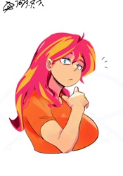 Size: 1400x2000 | Tagged: safe, artist:sozglitch, part of a set, sunset shimmer, human, g4, big breasts, breasts, busty sunset shimmer, emanata, female, huge breasts, humanized, looking at you, nail polish, part of a series, simple background, solo, white background