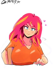 Size: 1400x2000 | Tagged: safe, artist:sozglitch, part of a set, sunset shimmer, human, g4, big breasts, breasts, busty sunset shimmer, female, floating heart, heart, huge breasts, humanized, looking at you, nail polish, part of a series, simple background, smiling, smiling at you, solo, white background