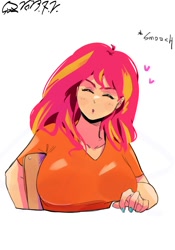 Size: 1400x2000 | Tagged: safe, artist:sozglitch, part of a set, sunset shimmer, human, g4, big breasts, breasts, busty sunset shimmer, eyes closed, female, floating heart, heart, huge breasts, humanized, kissy face, looking at you, nail polish, onomatopoeia, part of a series, simple background, smiling, smiling at you, smooch, solo, white background
