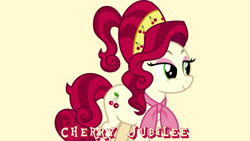 Size: 1920x1080 | Tagged: safe, artist:jeatz-axl, edit, editor:jaredking779, cherry jubilee, earth pony, pony, g4, eyeshadow, female, makeup, mare, neckerchief, simple background, smiling, solo, yellow background