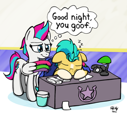 Size: 1000x900 | Tagged: safe, artist:ebbysharp, hitch trailblazer, zipp storm, earth pony, pegasus, pony, g5, atg 2023, blanket, desk, female, lamp, male, mare, multicolored hair, newbie artist training grounds, onomatopoeia, paper, phone, ship:stormblazer, shipping, sleeping, sound effects, stallion, straight, thought bubble, trash can, two toned mane, watermark, wing hands, wing hold, wings, zzz