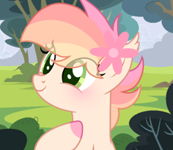 Size: 1238x1080 | Tagged: safe, artist:cstrawberrymilk, oc, oc only, oc:peach sunrise, pony, g4, bust, female, flower, flower in hair, mare, portrait, solo