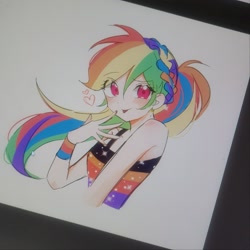 Size: 1210x1210 | Tagged: safe, artist:rainn__1026, rainbow dash, human, equestria girls, equestria girls specials, g4, my little pony equestria girls: better together, my little pony equestria girls: spring breakdown, :p, blushing, braid, colored pupils, female, heart, human coloration, humanized, looking at you, photo, picture of a screen, simple background, solo, tongue out, white background