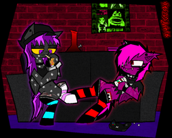 Size: 1772x1416 | Tagged: safe, artist:xxv4mp_g4z3rxx, oc, oc:spaced out, oc:violet valium, bat pony, pegasus, pony, bat pony oc, beanie, bong, clothes, collar, colored sclera, controller, cough syrup, drugs, duo, dxm, ear piercing, hat, hoodie, knife, lighter, marijuana, nonbinary, pegasus oc, piercing, pill bottle, pills, poster, purple eyes, red eyes, scar, self harm, self harm scars, signature, socks, spiked collar, spiked wristband, striped socks, tail, tank top, torn clothes, two toned mane, two toned tail, wristband, yellow sclera