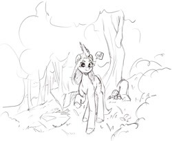 Size: 951x781 | Tagged: safe, artist:haku nichiya, oc, oc only, oc:viss, pony, forest, freckles, grayscale, heart, looking at you, monochrome, mushroom, pictogram, sketch, smiling, smiling at you, solo, speech bubble